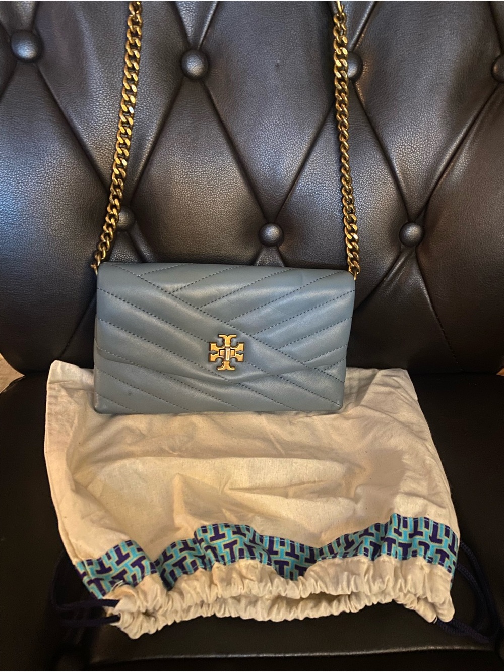 Tory Burch Light Blue Quilted Leather Chain Crossbody